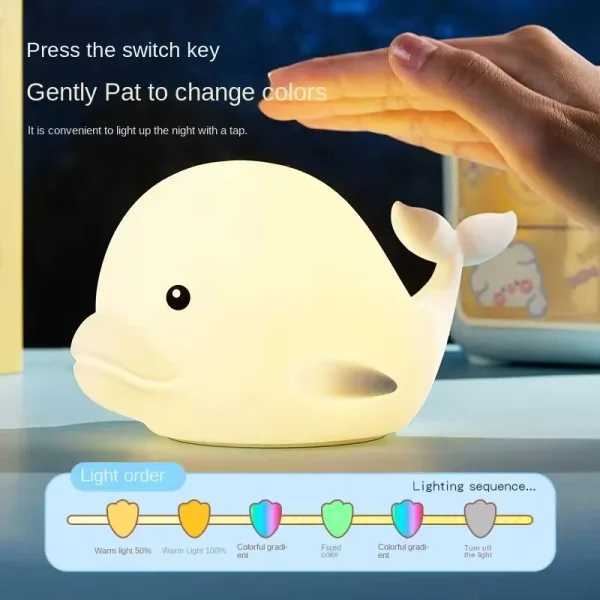 Luminária Infantil Baleia de Silicone - Luz Noturna USB Recarregável