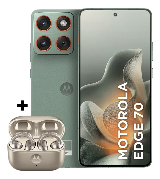 Kit Motorola Edge 70 5G — 512 GB, Verde Claro + Moto Buds Loop Champagne (Swarovski)