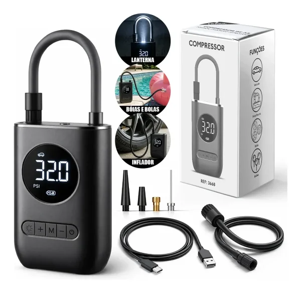 Compressor de Ar Digital Portátil Recarregável USB-C