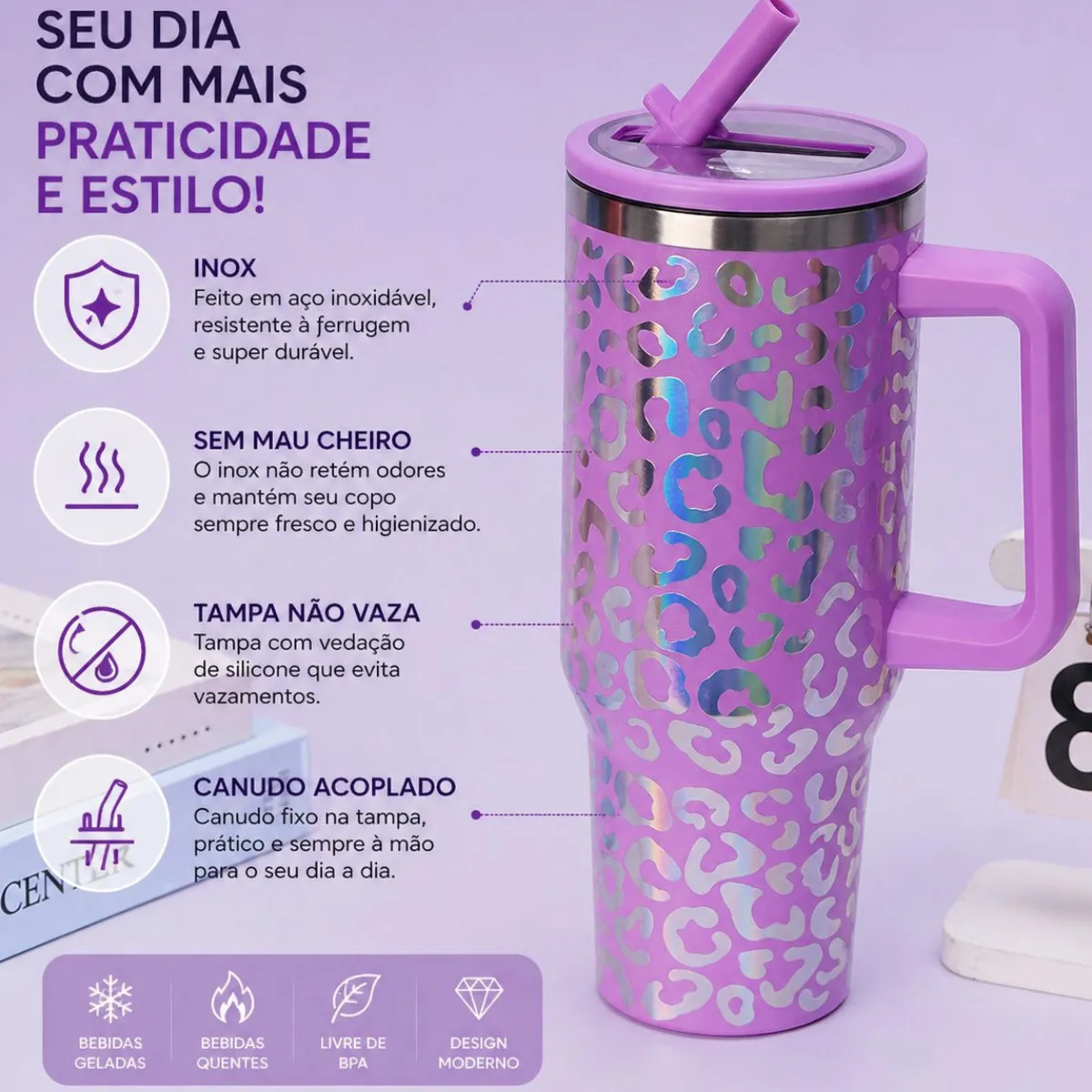 Copo Térmico Caneca Inox Água Canudo Alça Tampa Onça 1200ml
