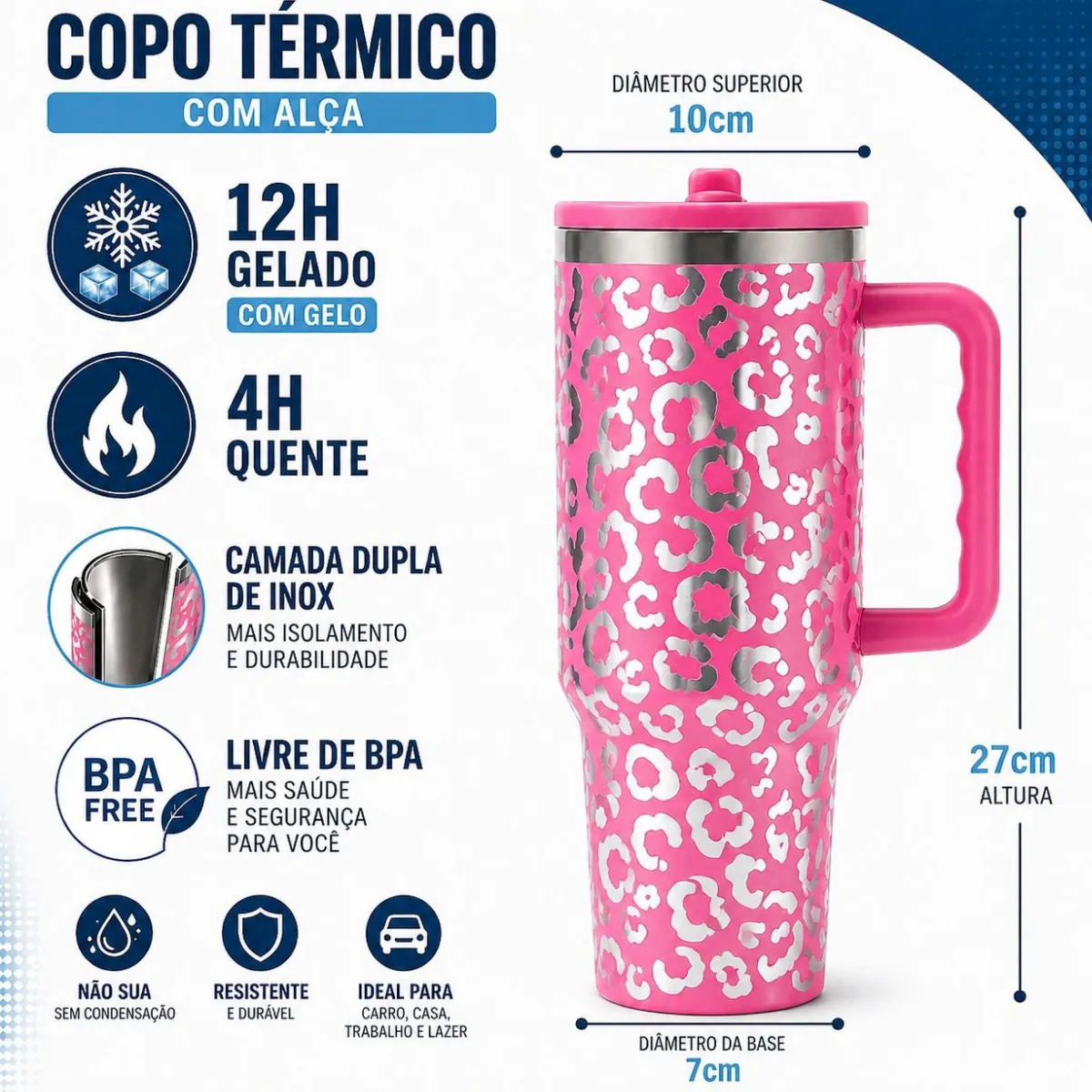 Copo Térmico Caneca Inox Água Canudo Alça Tampa Onça 1200ml