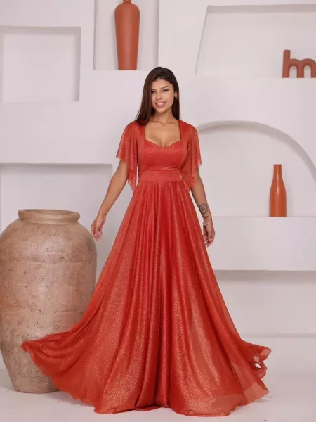 Vestido Longo de Festa em Tule com Brilho - Decote Coração, Saia Fluida