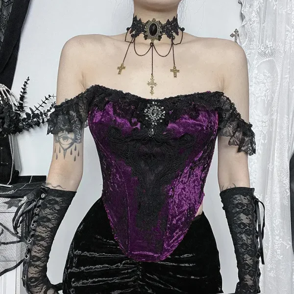 Blusa Gótica Corset Roxo Preto Vitoriano Alternativo Rock