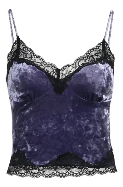 Blusa Cropped Veludo Roxo Com Renda Preta Gótica
