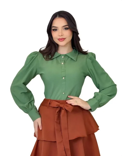 Blusa Feminina Social Manga Longa Elegante Crepe Gola