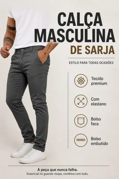 Calça Masculina Sarja Premium Esporte Fino Bolso Faca Lycra